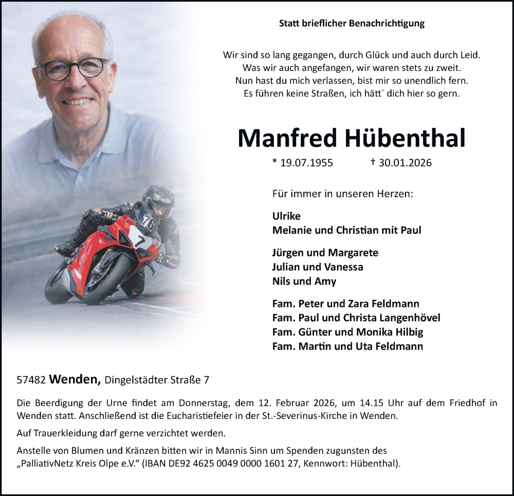  Traueranzeige für Manfred Hübenthal vom 07.02.2026 aus Tageszeitung