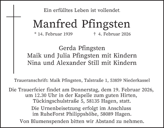Traueranzeige von Manfred Pfingsten von Tageszeitung