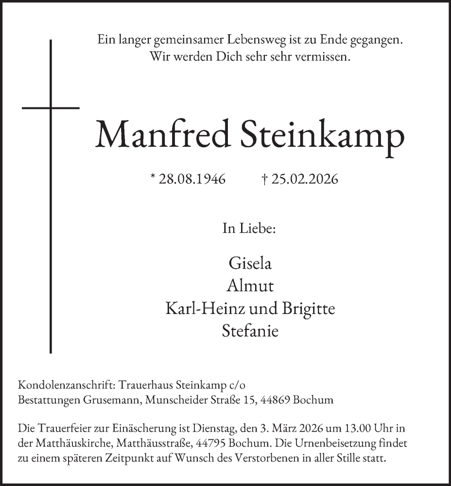  Traueranzeige für Manfred Steinkamp vom 28.02.2026 aus Tageszeitung