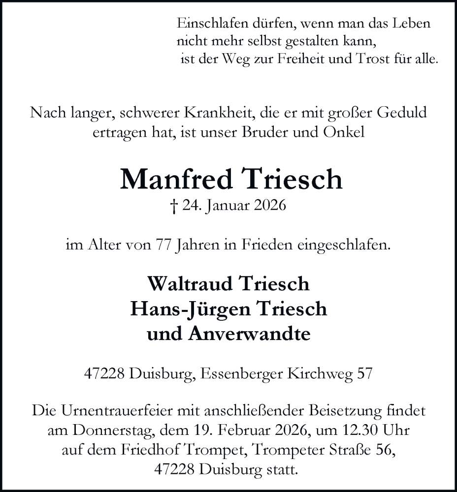  Traueranzeige für Manfred Triesch vom 07.02.2026 aus Tageszeitung