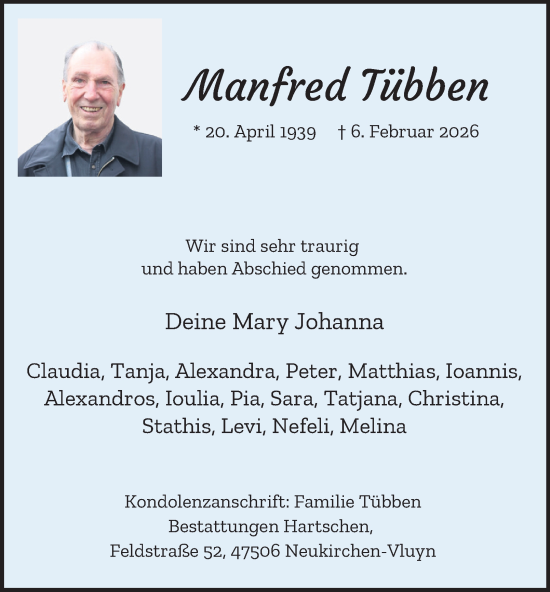 Traueranzeige von Manfred Tübben von Tageszeitung