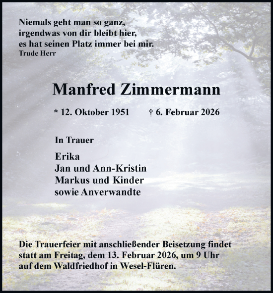 Traueranzeige von Manfred Zimmermann von Tageszeitung