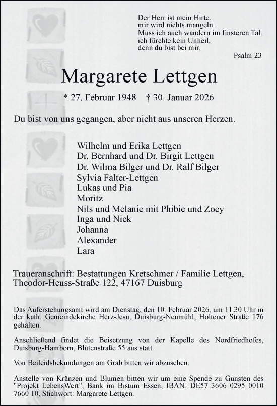 Traueranzeige von Margarete Lettgen von Tageszeitung