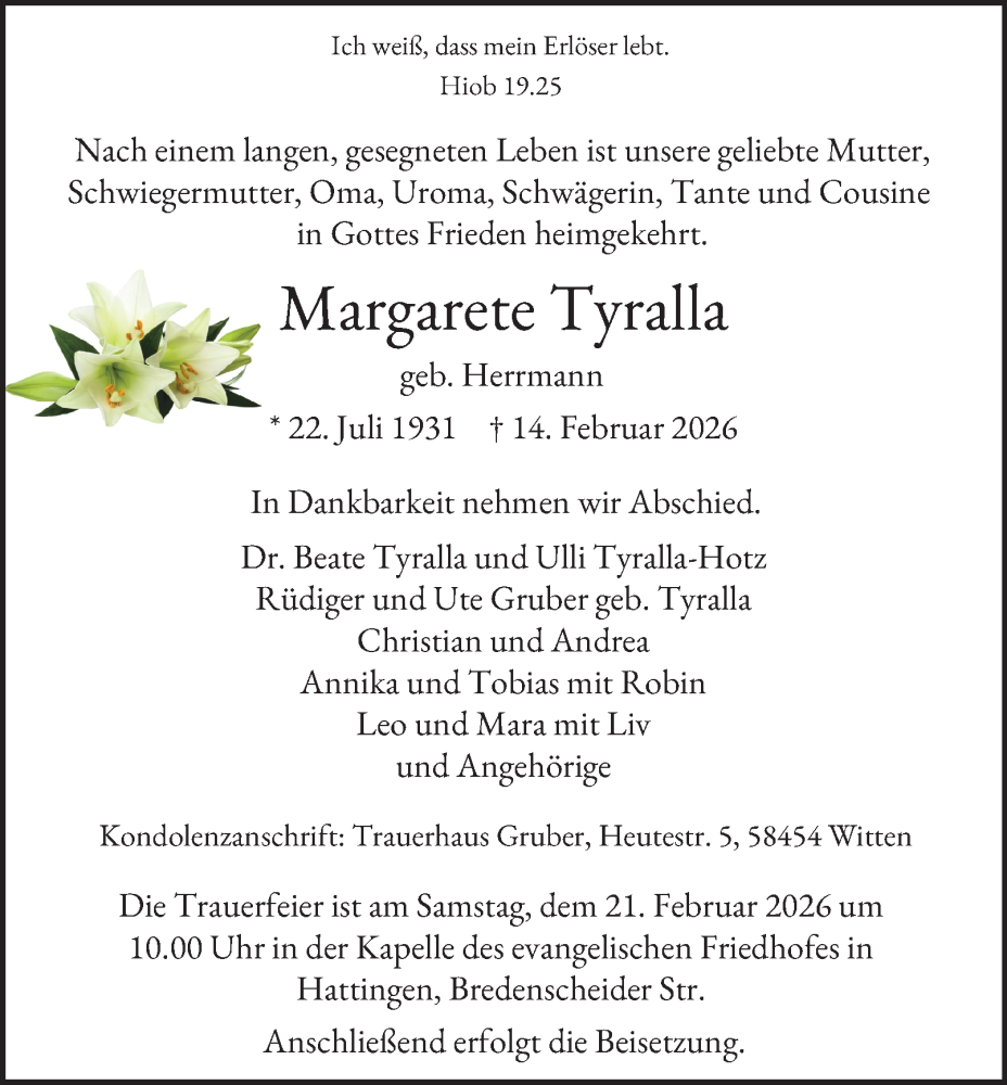  Traueranzeige für Margarete Tyralla vom 21.02.2026 aus Tageszeitung