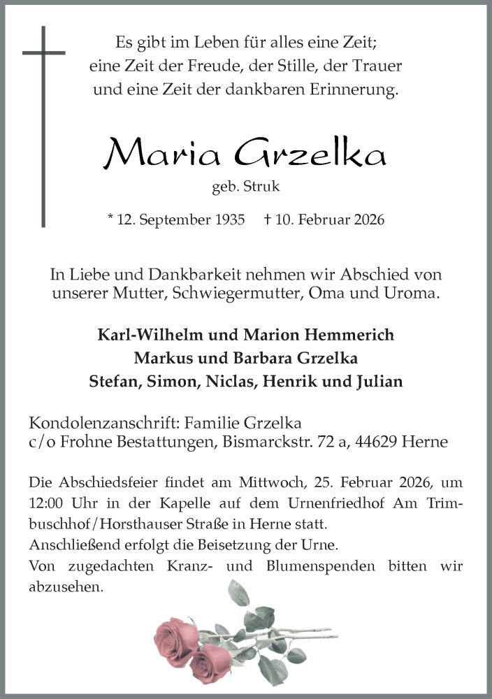  Traueranzeige für Maria Grzelka vom 14.02.2026 aus Tageszeitung