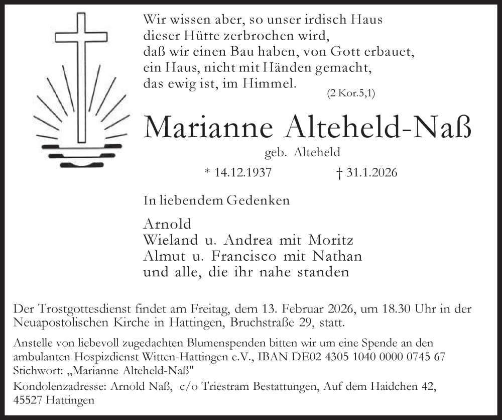  Traueranzeige für Marianne Alteheld-Naß vom 07.02.2026 aus Tageszeitung