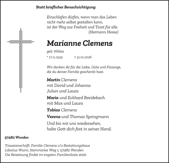 Traueranzeige von Marianne Clemens von Tageszeitung