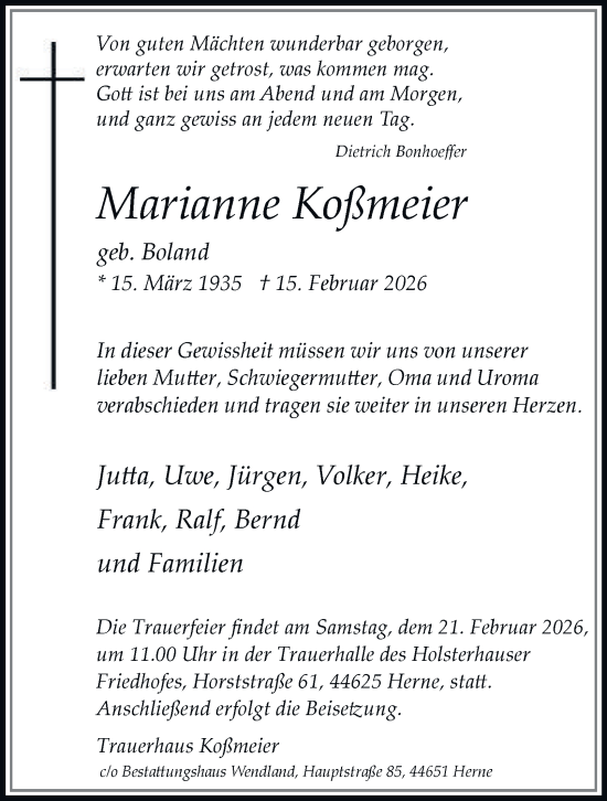 Traueranzeige von Marianne Koßmeier von Tageszeitung