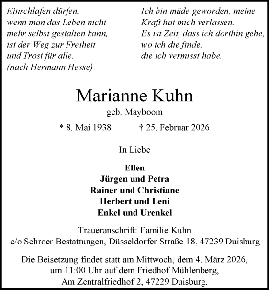 Traueranzeige von Marianne Kuhn von Tageszeitung
