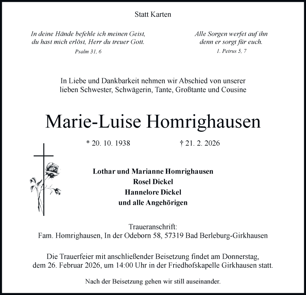  Traueranzeige für Marie-Luise Homrighausen vom 25.02.2026 aus Tageszeitung