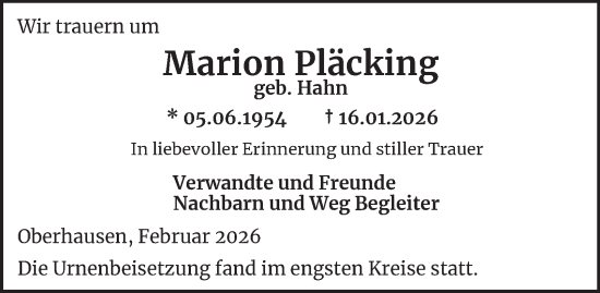 Traueranzeige von Marion Pläcking von Tageszeitung
