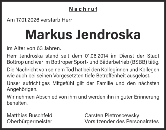 Traueranzeige von Markus Jendroska von Tageszeitung