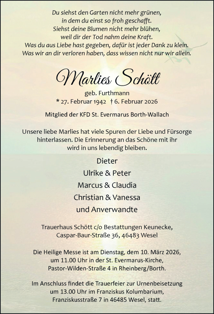  Traueranzeige für Marlies Schött vom 21.02.2026 aus Tageszeitung