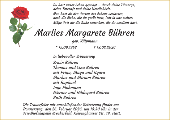 Traueranzeige von Marlies Margarete Bühren von Tageszeitung