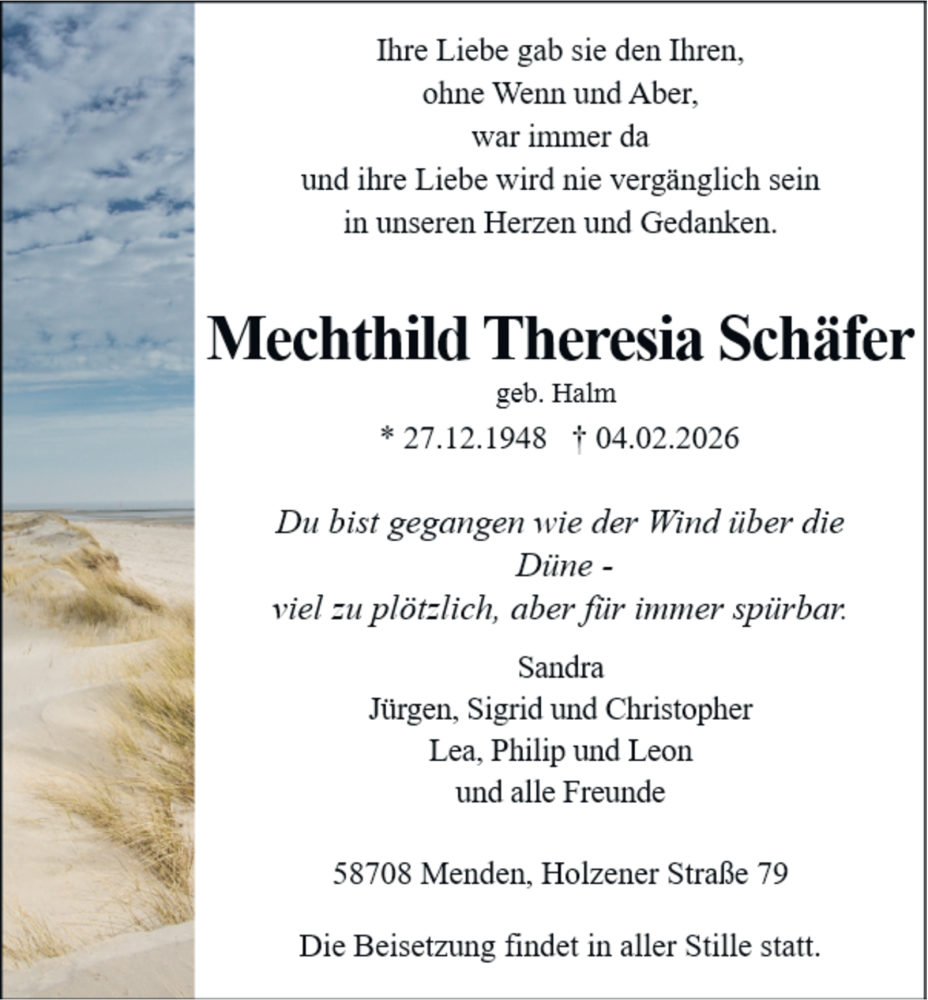  Traueranzeige für Mechthild Theresia Schäfer vom 14.02.2026 aus Tageszeitung