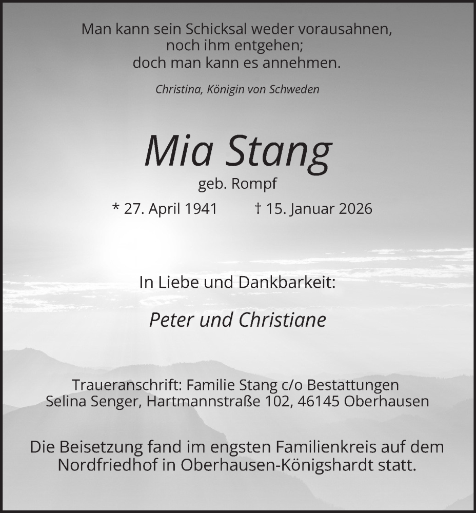  Traueranzeige für Mia Stang vom 07.02.2026 aus Tageszeitung