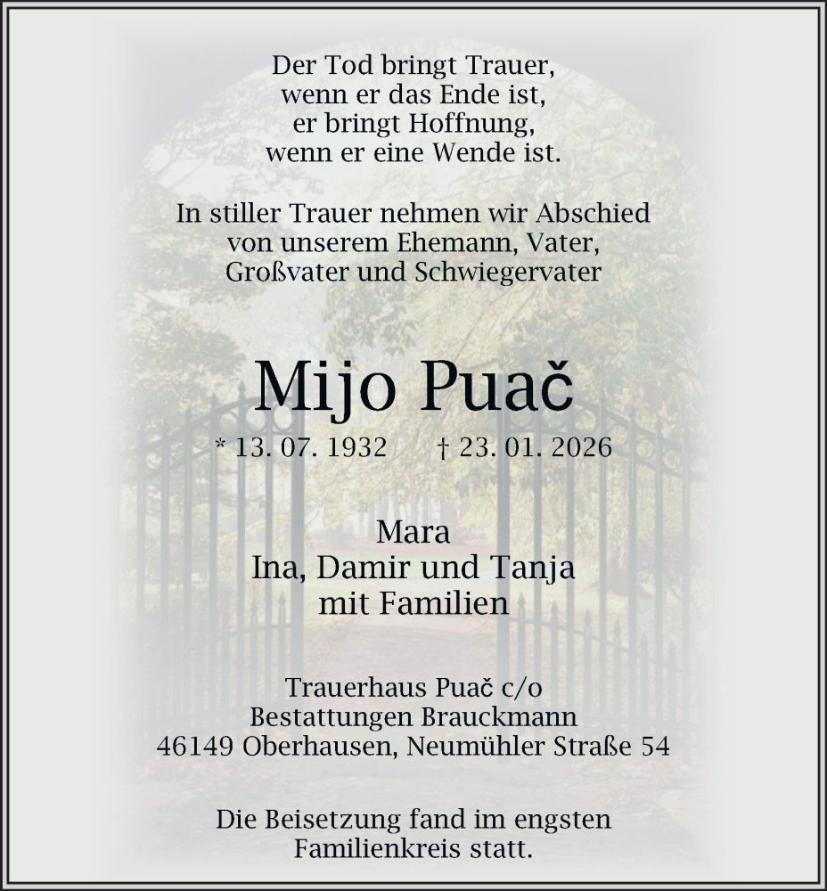  Traueranzeige für Mijo Puač vom 07.02.2026 aus Tageszeitung