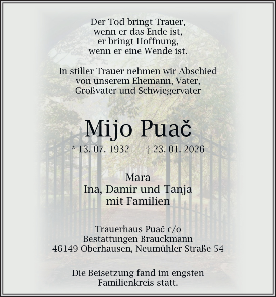 Traueranzeige von Mijo Puač von Tageszeitung