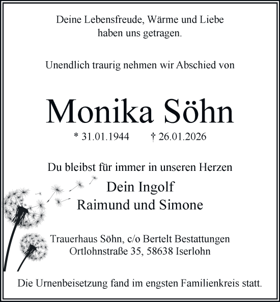 Traueranzeige von Monika Söhn von Tageszeitung