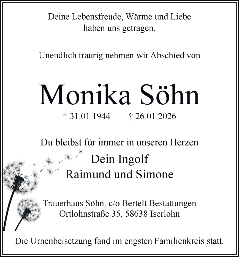  Traueranzeige für Monika Söhn vom 14.02.2026 aus Tageszeitung