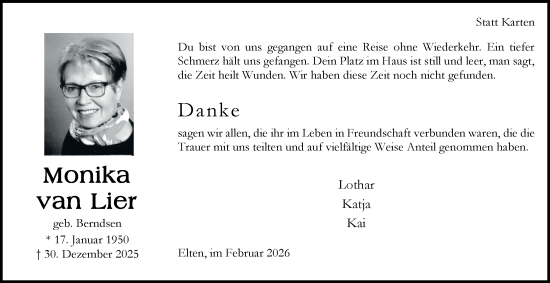 Traueranzeige von Monika van Lier von Tageszeitung