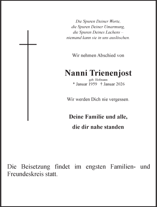Traueranzeige von Nanni Trienenjost von Tageszeitung