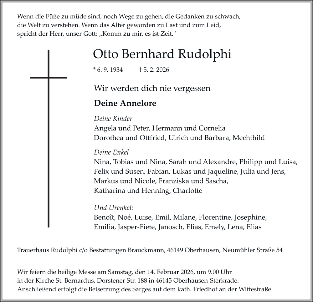  Traueranzeige für Otto Bernhard Rudolphi vom 11.02.2026 aus Tageszeitung