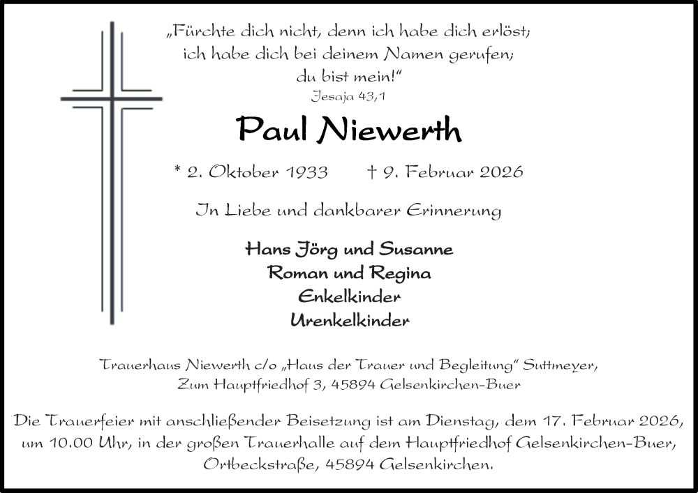  Traueranzeige für Paul Niewerth vom 14.02.2026 aus Tageszeitung