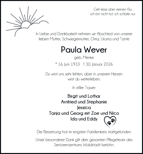Traueranzeige von Paula Wever von Tageszeitung