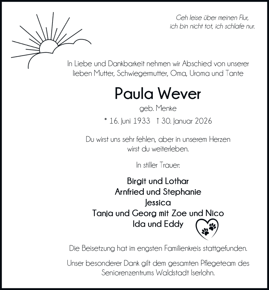  Traueranzeige für Paula Wever vom 14.02.2026 aus Tageszeitung