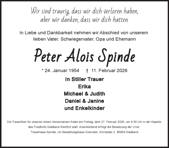 Traueranzeige von Peter Alois Spinde von Tageszeitung
