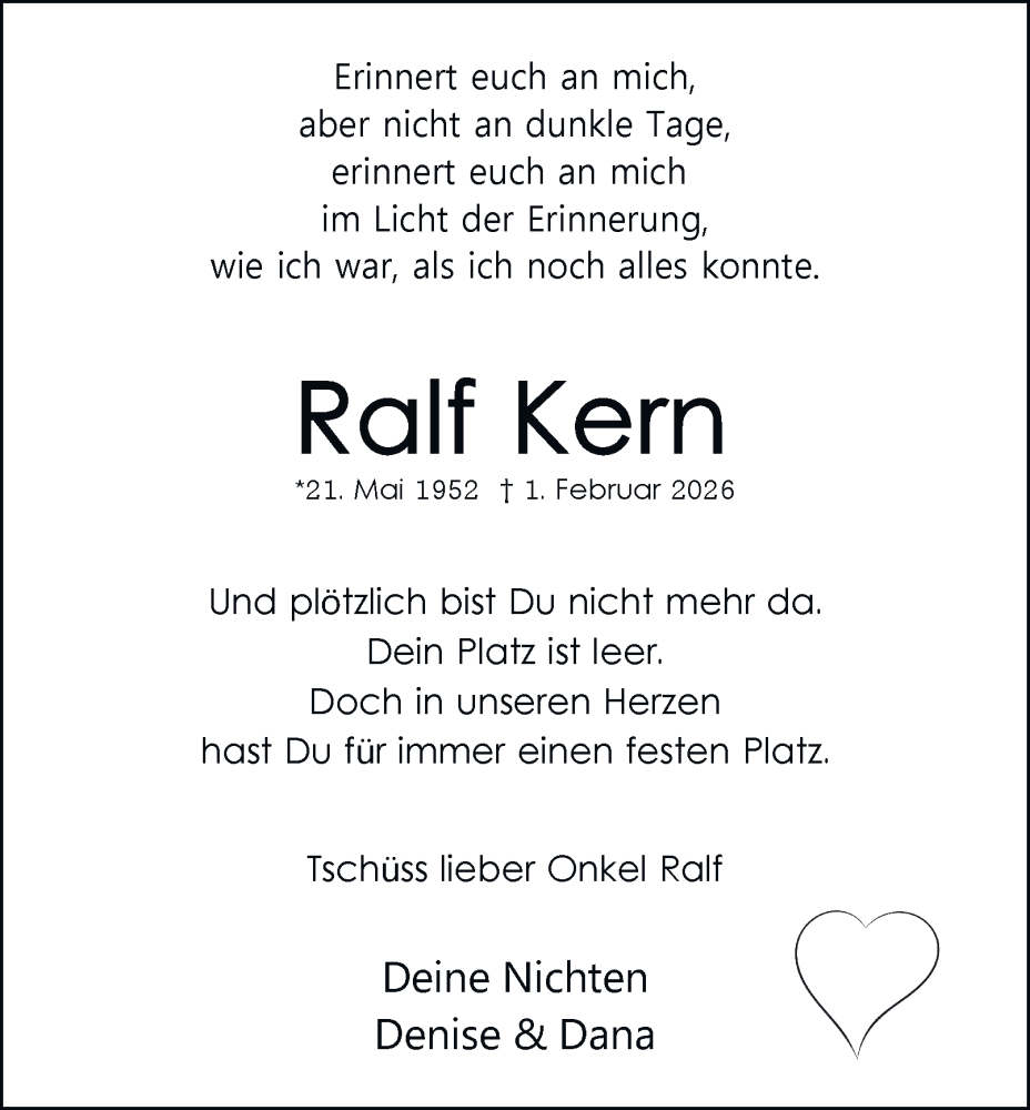  Traueranzeige für Ralf Kern vom 14.02.2026 aus Tageszeitung