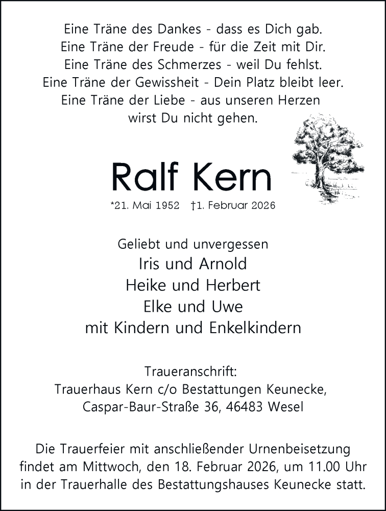 Traueranzeige für Ralf Kern vom 14.02.2026 aus Tageszeitung