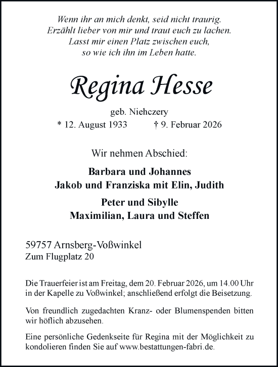 Traueranzeige von Regina Hesse von Tageszeitung