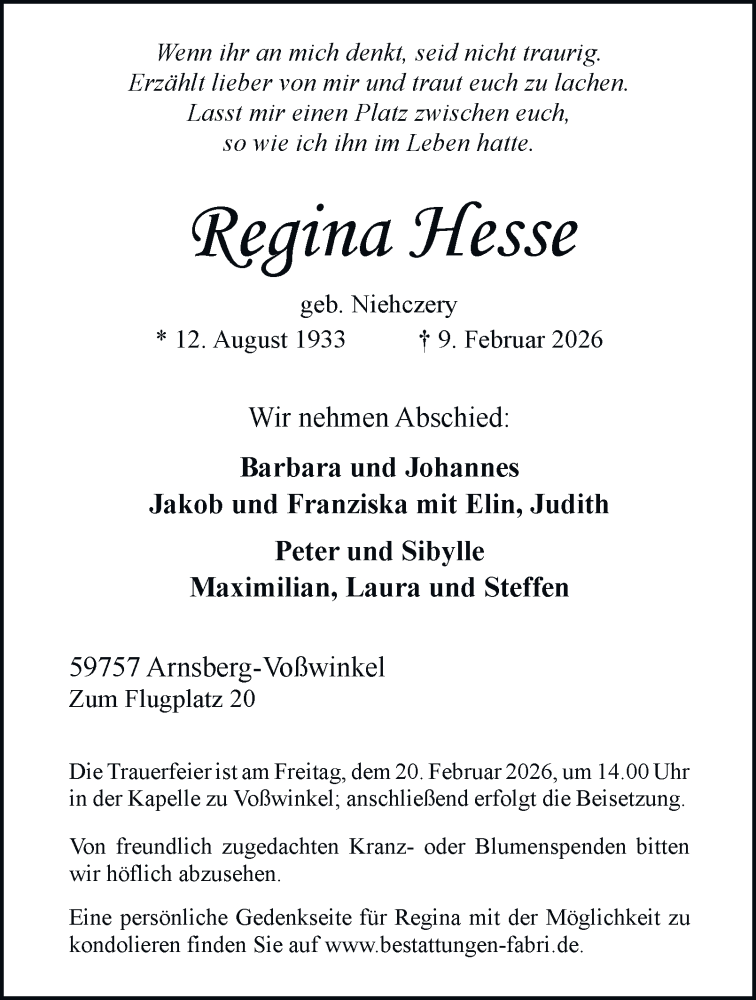  Traueranzeige für Regina Hesse vom 14.02.2026 aus Tageszeitung