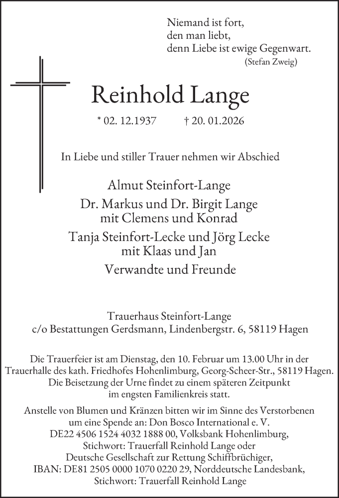  Traueranzeige für Reinhold Lange vom 07.02.2026 aus Tageszeitung