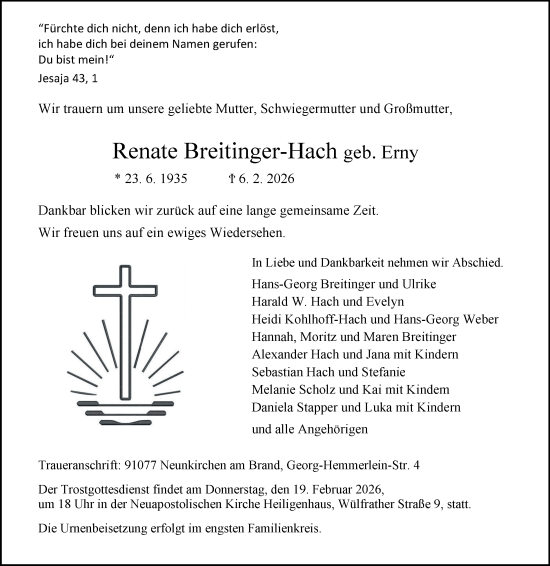 Traueranzeige von Renate Breitinger-Hach von Tageszeitung