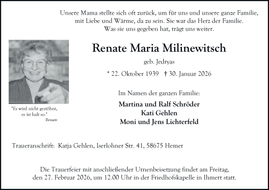 Traueranzeige von Renate Maria Milinewitsch von Tageszeitung