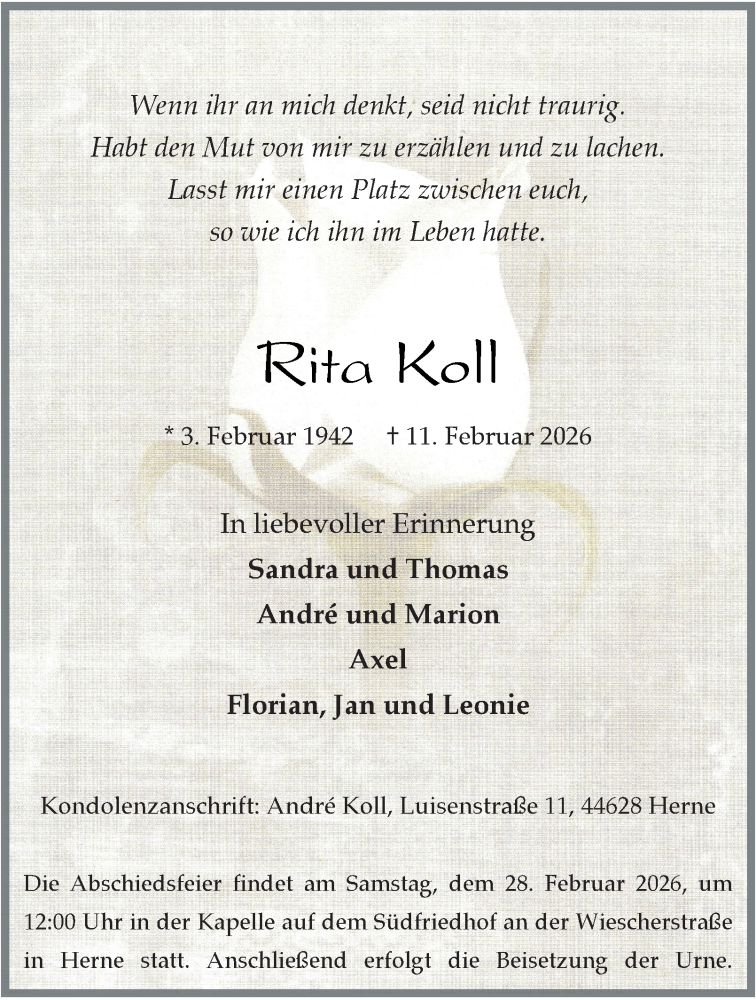  Traueranzeige für Rita Koll vom 14.02.2026 aus Tageszeitung