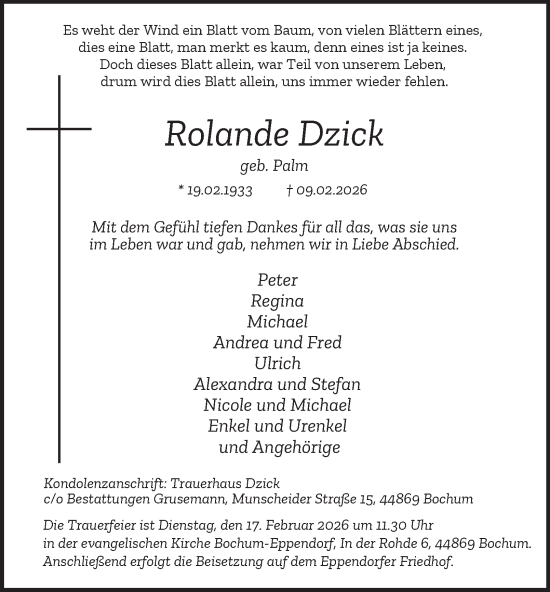 Traueranzeige von Rolande Dzick von Tageszeitung