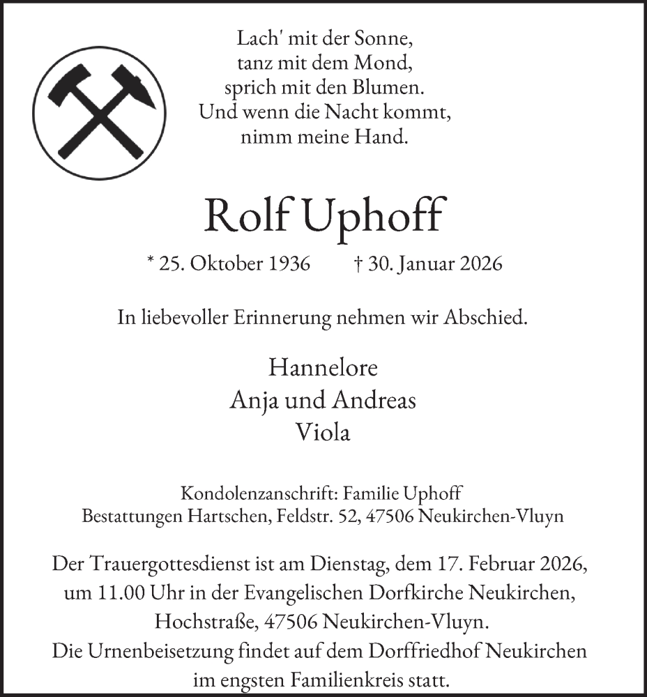  Traueranzeige für Rolf Uphoff vom 14.02.2026 aus Tageszeitung