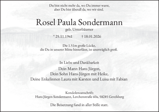 Traueranzeige von Rosel Paula Sondermann von Tageszeitung