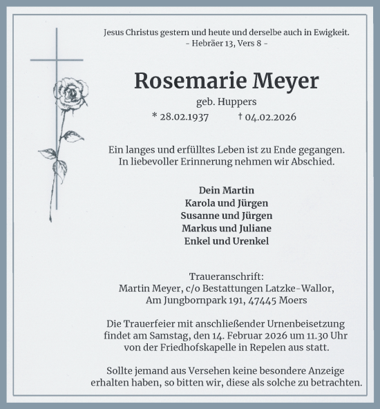 Traueranzeige von Rosemarie Meyer von Tageszeitung