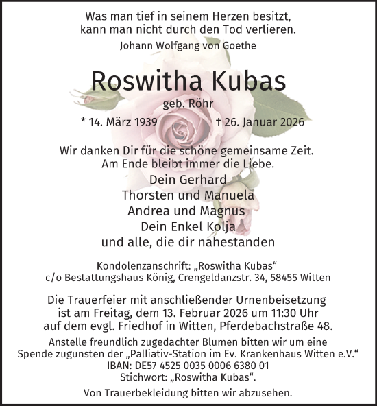 Traueranzeige von Roswitha Kubas von Tageszeitung