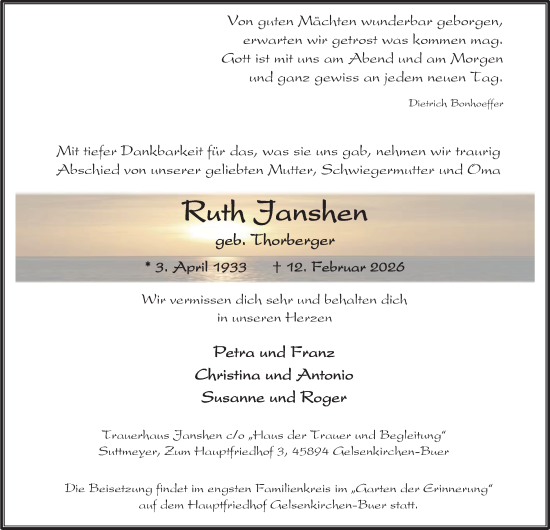 Traueranzeige von Ruth Janshen von Tageszeitung