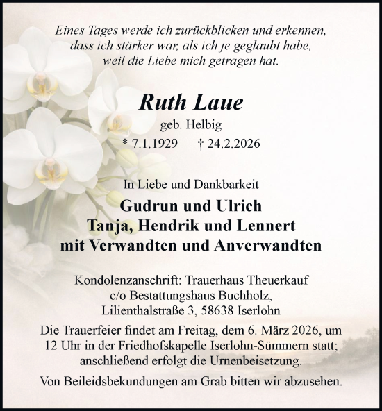 Traueranzeige von Ruth Laue von Tageszeitung