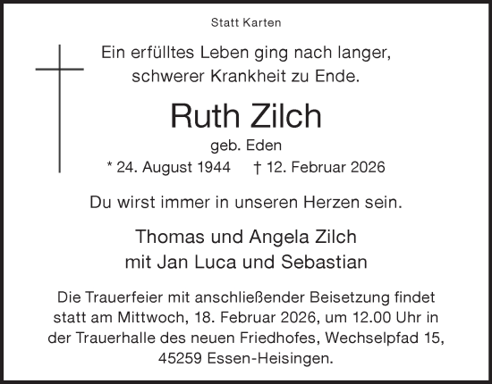Traueranzeige von Ruth Zilch von Tageszeitung