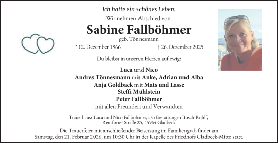 Traueranzeige von Sabine Fallböhmer von Tageszeitung