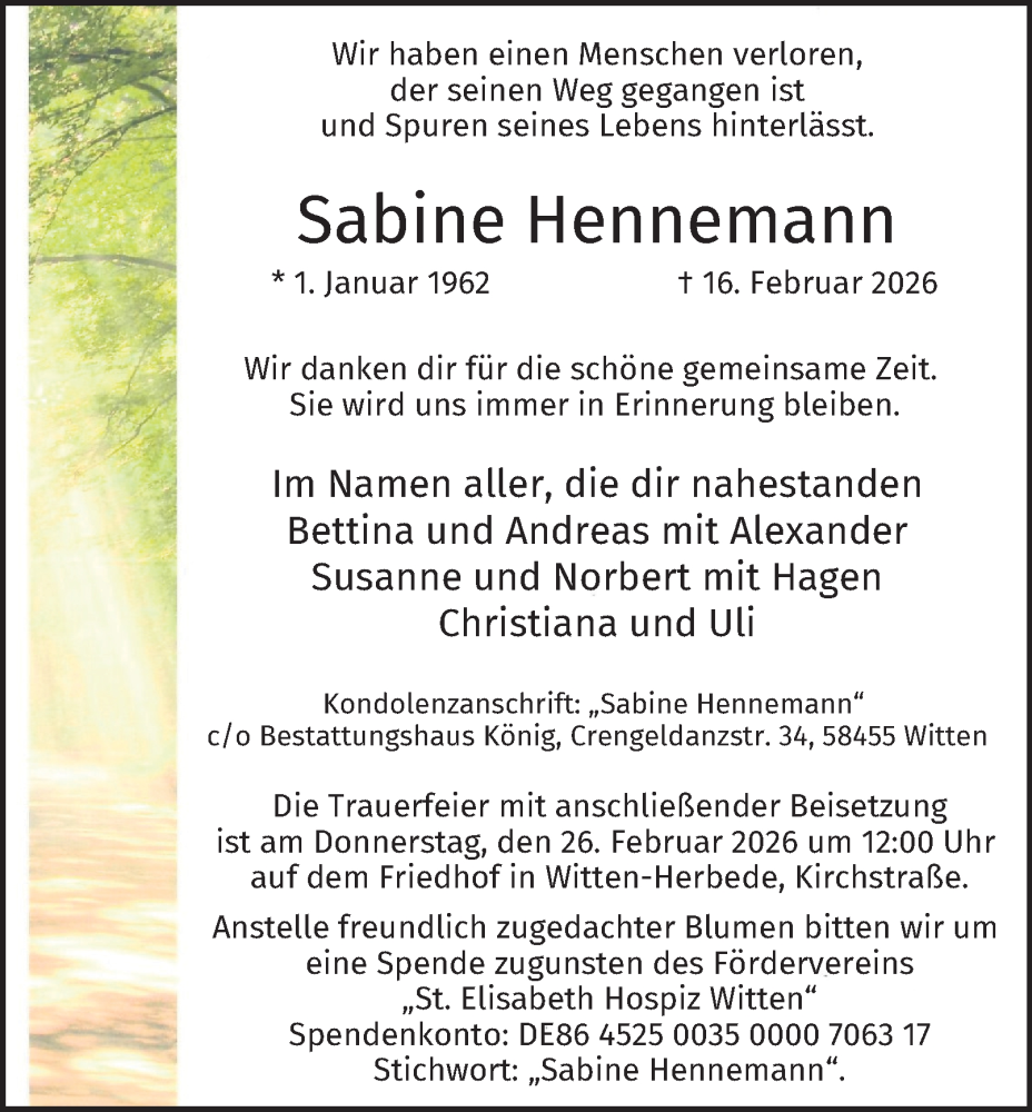  Traueranzeige für Sabine Hennemann vom 21.02.2026 aus Tageszeitung