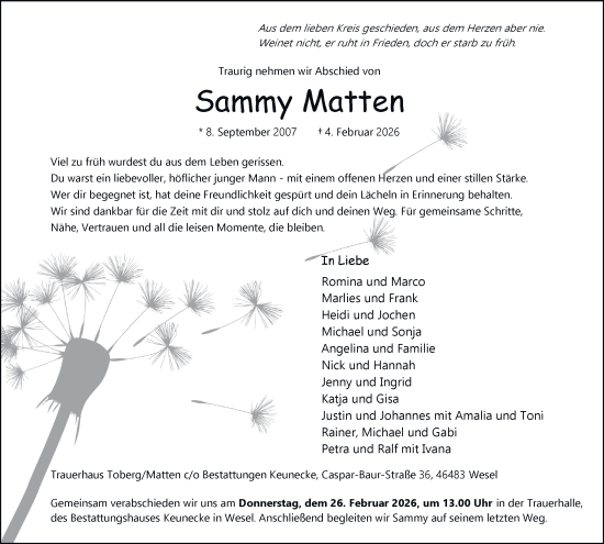 Traueranzeige von Sammy Matten von Tageszeitung